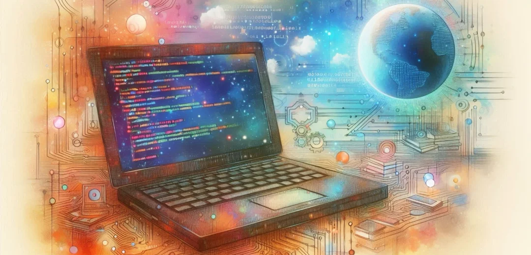 A pastel image of a laptop over a techno background