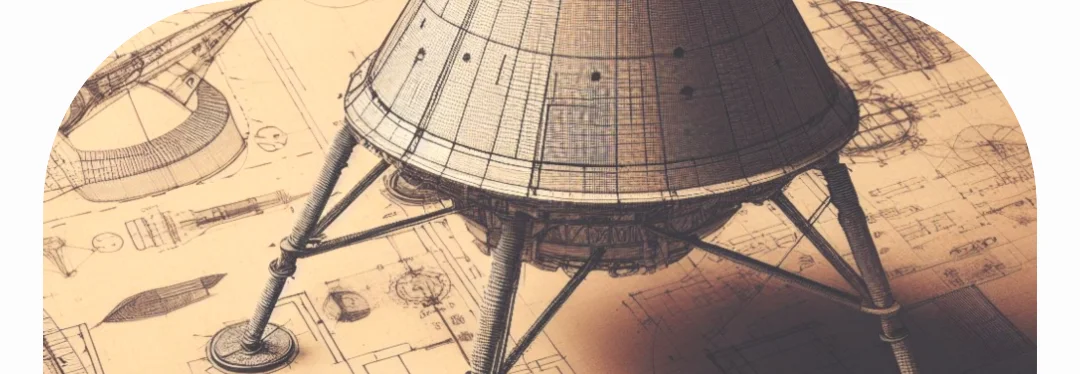 A Moonlander model is standing on a blueprint.